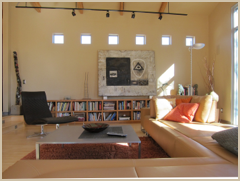Built in book shelves and small punctures of light along the adjacent property line.