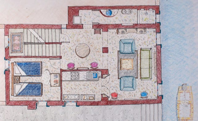 new floor plan with living area close to the canal below