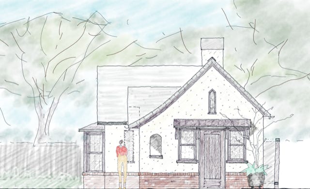 new ADU front elevation with design elements to match the existing period residence